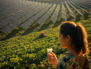 campo agrivoltaico con ragazza che tiene in mano un fiore e pannelli solari