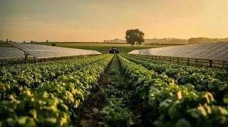 campo agrivoltaico in una giornata di sole con fiori e api