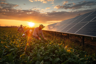 campo agrivoltaico con lavoratori al tramonto