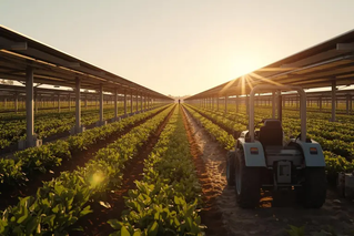 campo agrivoltaico con un trattore e un farmer di spalle