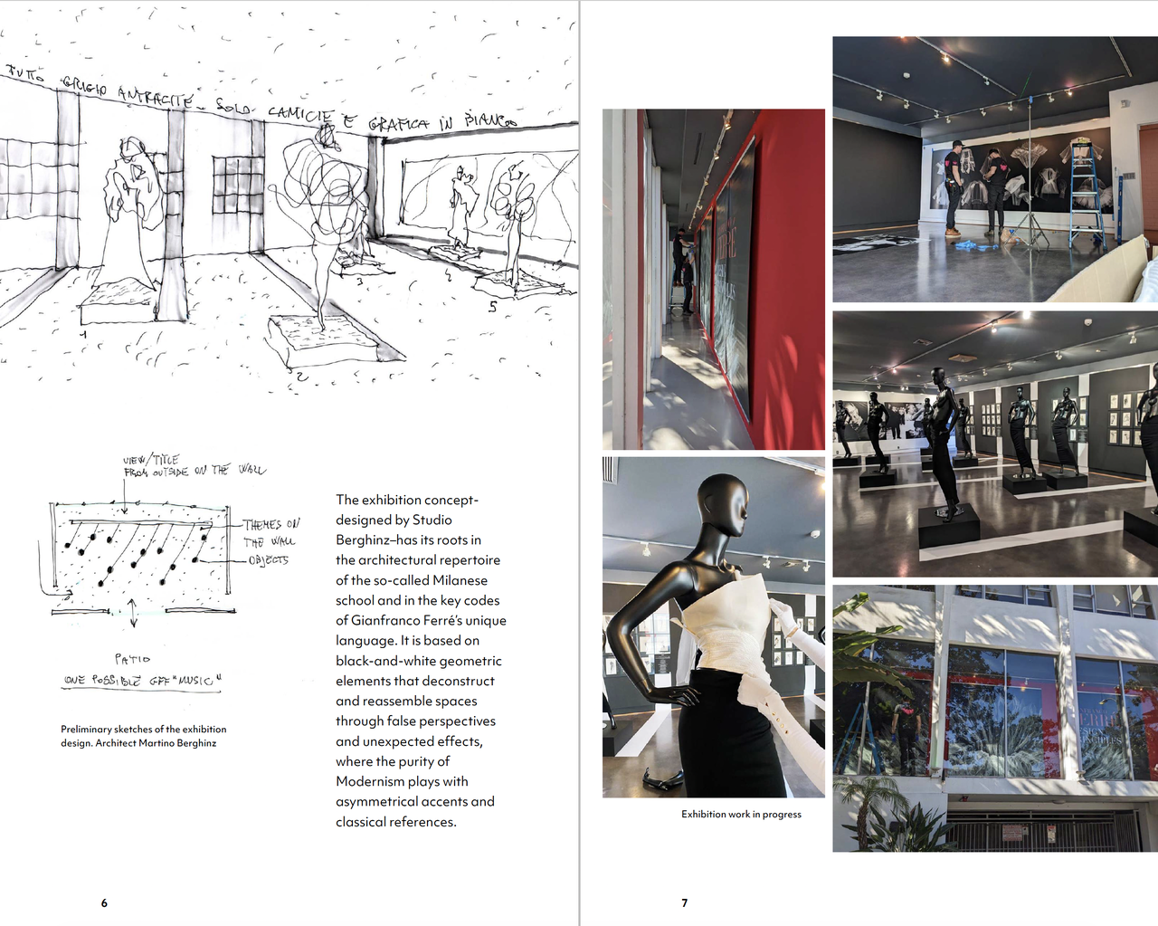Doppia pagina con testo esplicativo, schizzo del progetto espositivo e fotografie dell’allestimento della mostra.