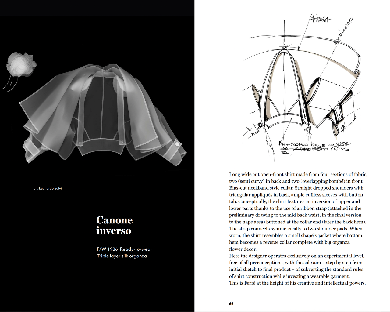 Doppia pagina con foto simulazione x-ray della camicia "Canone Inverso" della collezione prêt-à-porter donna Gianfranco Ferré Autunno/Inverno 1986-87 e disegno tecnico con relativa scheda tecnica.