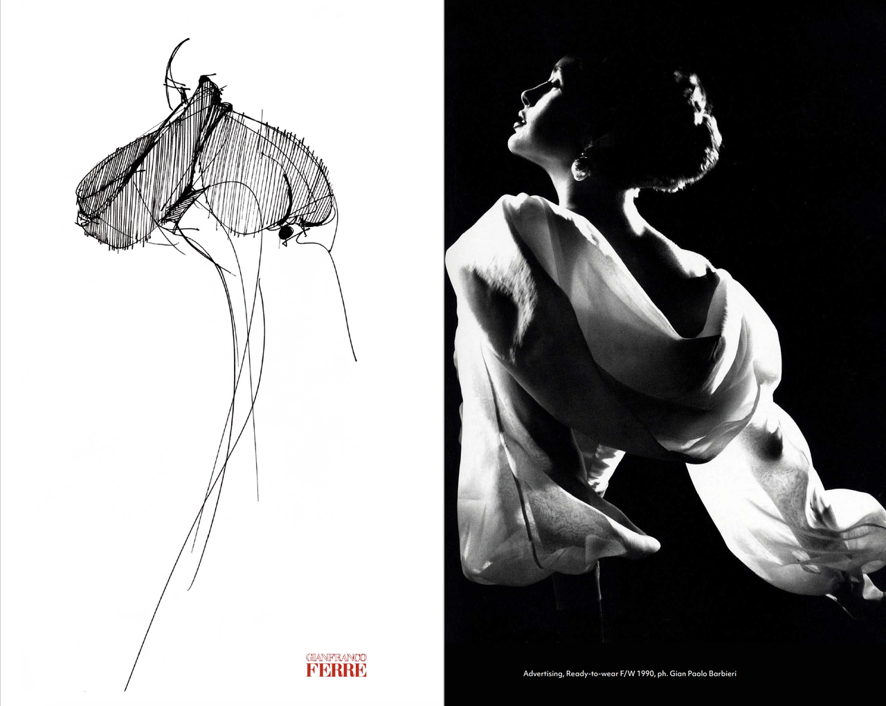 Doppia pagina con disegno uscita sfilata della camicia "Classic Glamour" della collezione prêt-à-porter donna Gianfranco Ferré Autunno/Inverno 1990-91 e la relativa foto di advertising di Gian Paolo Barbieri.