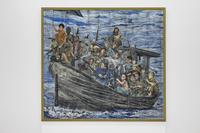 Andrea Mastrovito, Children Crusade, 2025, 238 x 260 cm, wood inlay, wood carving, acrylic, crayons and graphite on wood